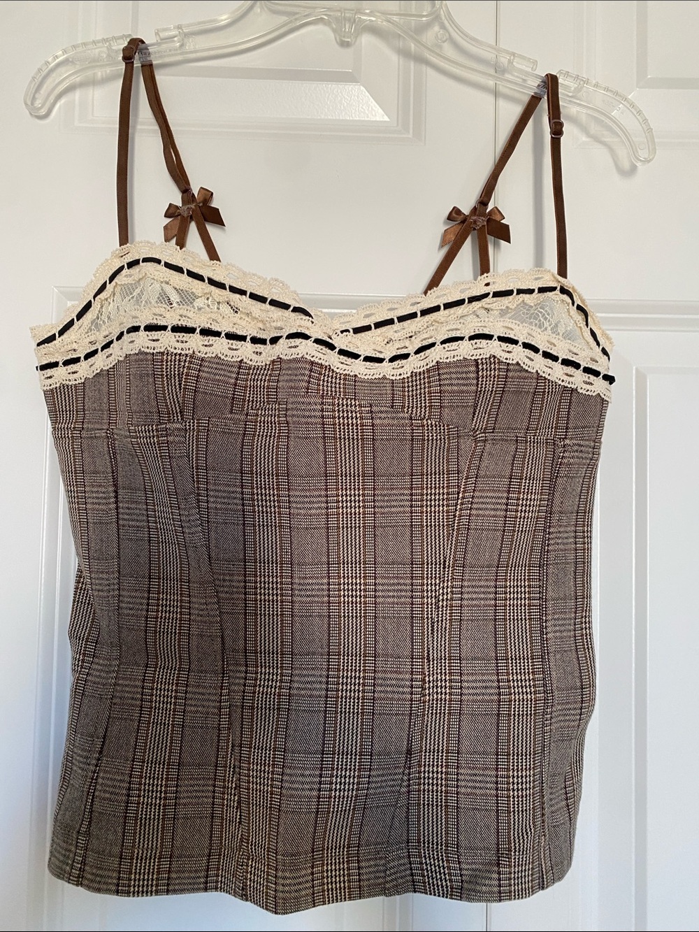 Kimchi Blue Brown Plaid Lace-Trim Cami